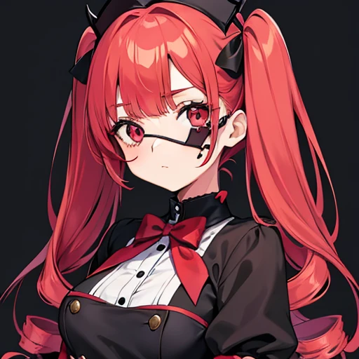 Cute Girls　Gothic Nurse Clothing　Red hair　Drill Hair　Masaki Takei style　Eye patch　Devil&#39;s Wings　tooth　Background white　Upper Body　Anime Style　sd　