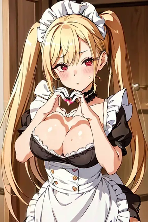 (((Upper Body、Making a heart with hands))、(((Accentuate your breasts、Shiny underwear、セクシーなMaid clothes、Making a heart with hands)))、Highest quality, 8k, masterpiece :1.3)), whole body, Sharp focus :One Girl,Glowing Skin,SSSexy pose,Highest quality,Tabletop...