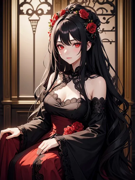 woman, red eyes, black long wavy hair, noble, wearing flower on her head. background in mansion. wearing flower decorations on the sides of her hair. wear lacy dress