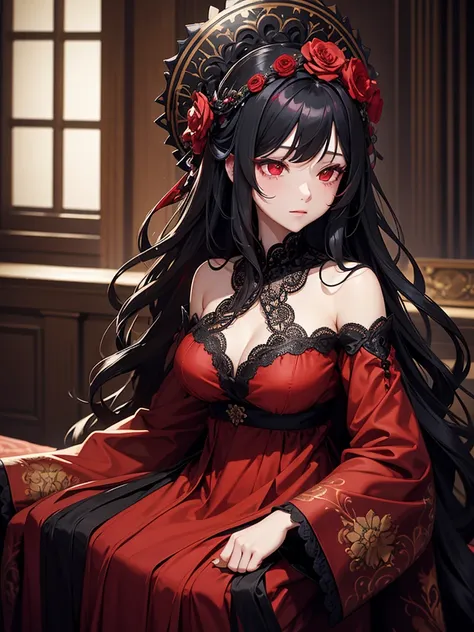 woman, red eyes, black long wavy hair, noble, wearing flower on her head. background in mansion. wearing flower decorations on the sides of her hair. wear lacy dress