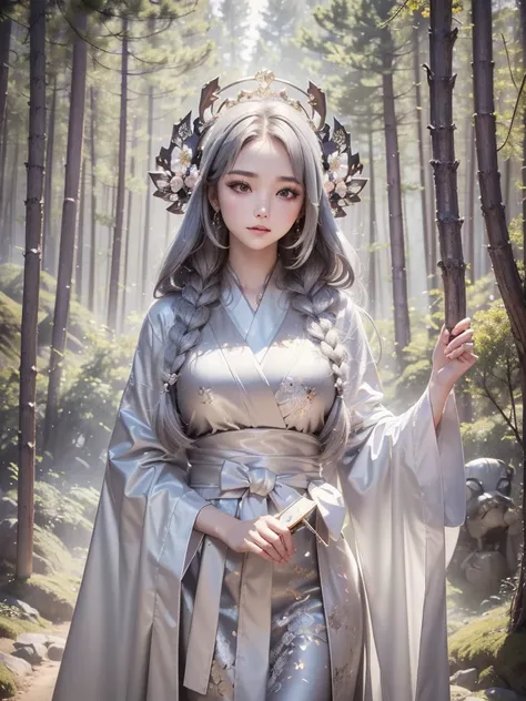 1 girl, cute face, art style, beautiful girl in a transparent gray robe standing in a dark forest, magnificent style, octane ren...