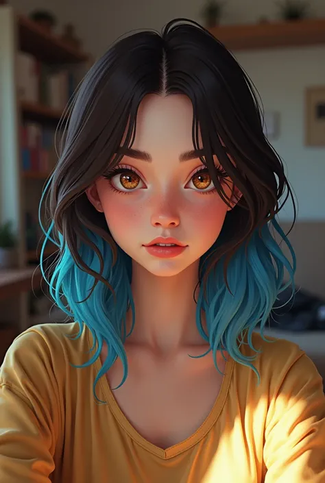 can you generate an 18 year old turkish girl who has dark brown and blue hair and brown eyes. she is at her home and taking a selfie. make it an illustration