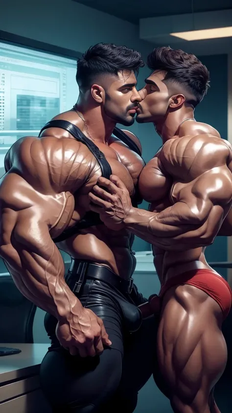 Indian Gay couple, young boy kissing with 30 years old Desi police man with mustach and hung gun at waist mascular dark skin jaat with huge wide muscular shoulders, wide chest, abs, masculine wide triceps, arms, biceps, big masculine legs, wide thighs, cal...