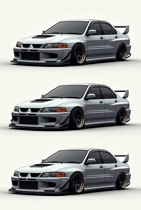 Mitsubishi lancer 1998 model. Make a sporty version. Create another version with a color grey. Render the image at 4 angles.l, showing front view, right side view, back view, and isometric view