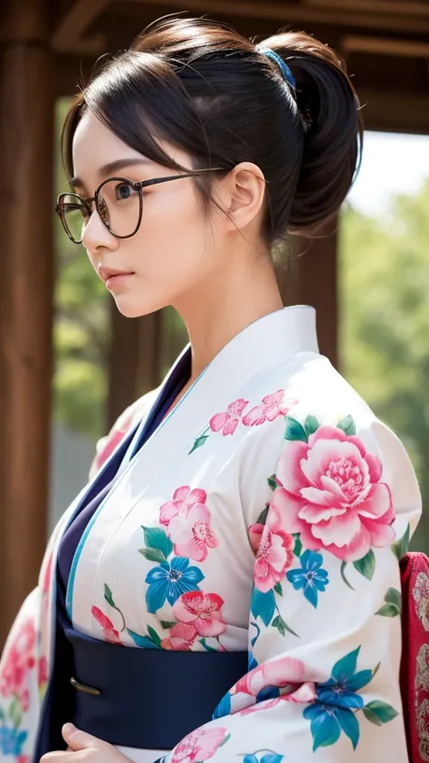 A muscular girl in a kimono,  with ponytail and glasses, detailed facial features, photorealistic, 8k, best quality, masterpiece, vibrant colors, natural lighting, intricate details, elegant japanese style, dynamic pose