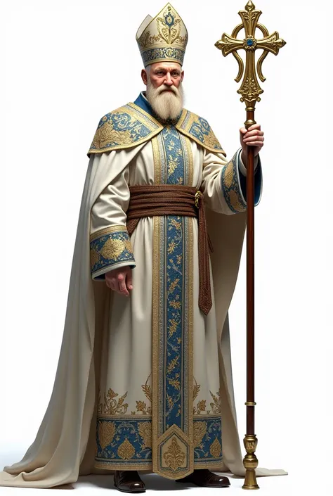 drawning, sharp colors, A Clergyman, medieval style, white clothes with blue and gold details, blondie hair, bishop hat, holding a mace, fully body, white background, character seen from the front 