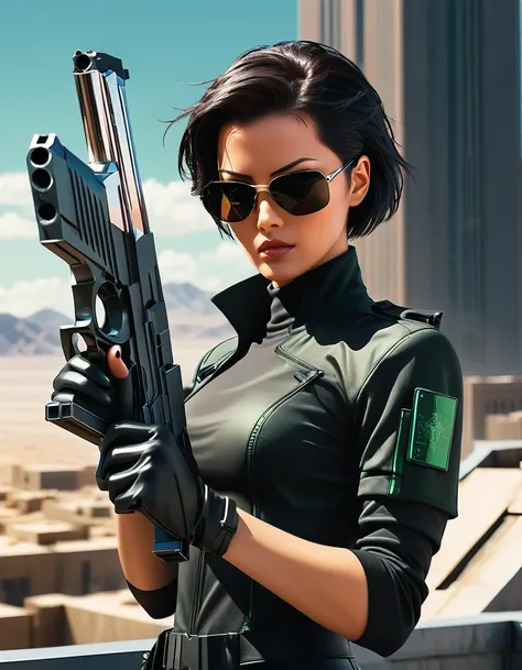 Anime illustration, character Trinity of ((The Matrix movie)) holding a perfect detailed ((chromed Desert Eagle .50 pistol)) to the viewer on the roof of a skycraper plataform, stunning woman, dim black shades, short shaved straight haircut, cute face, ser...