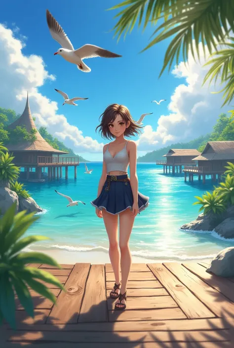 Final Fantasy style, looking at viewer, brunette, dock, seascape, seagulls, sunny, tropical