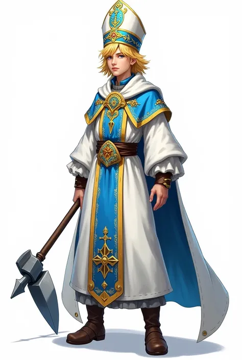 drawning, sharp colors, a young cleric, RPG style,  white clothes with blue and gold details, blondie hair, bishop hat, holding a mace, fully body, white background, character seen from the front 