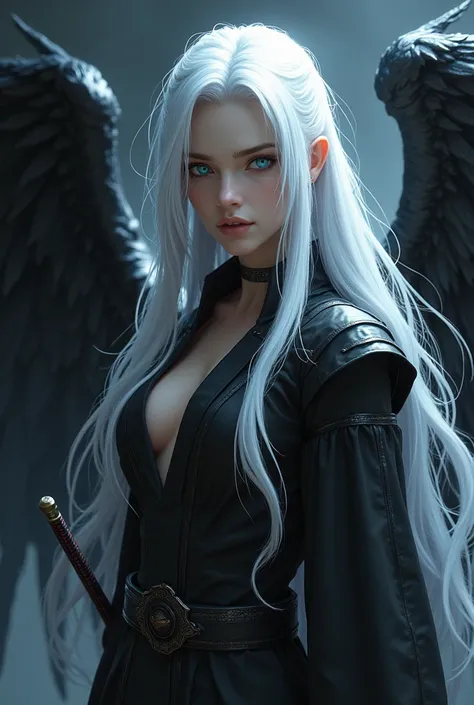 female version of sephiroth with a singular black wing on the left side with long white hair and beautiul blue eyes and a nodachi held in one hand