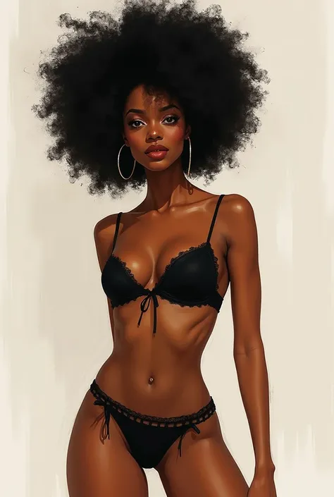 an image of a black woman with Afro , in the style of russ mills, michael garmash, charming sketches, mono-ha, contemporary African-American art, lilia alvarado, concise brushwork --ar 69:128 --s 750 --v 5. 2, lingerie, fit body, body close, hugh boobs, hu...