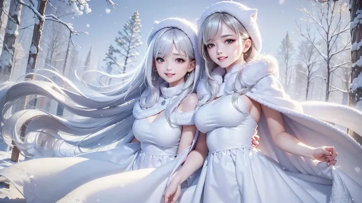 masterpiece、highest quality、1 girl, winter, white hair, cute girl, smile, close mouse, medium breasts, off shoulder, cleavage,  ...