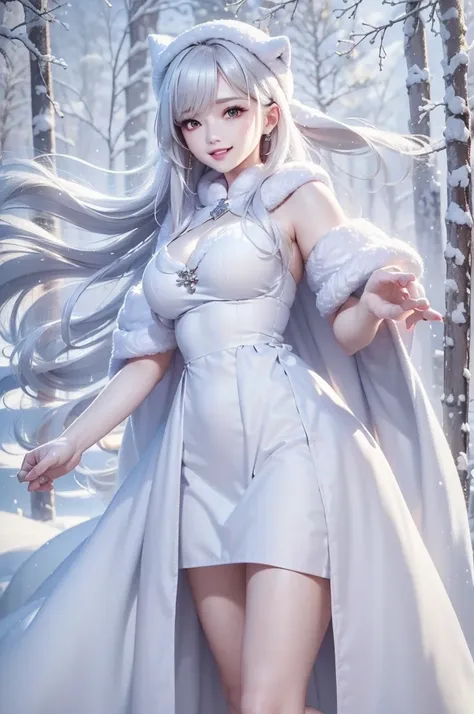 masterpiece、highest quality、1 girl, winter, white hair, cute girl, smile, close mouse, medium breasts, off shoulder, cleavage,  ...