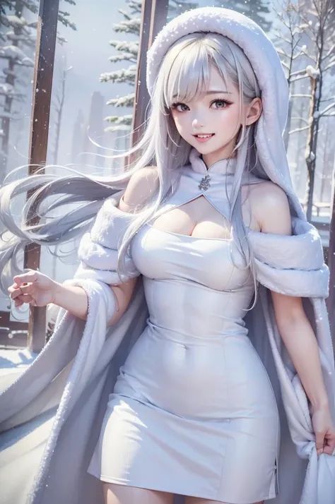 masterpiece、highest quality、1 girl, winter, white hair, cute girl, smile, close mouse, medium breasts, off shoulder, cleavage,  ...