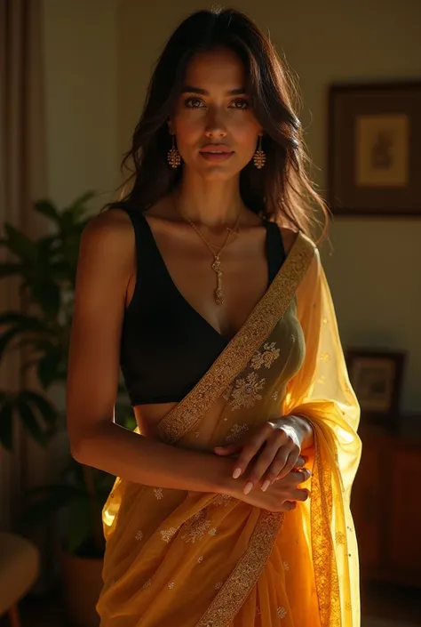 A sexy woman wearing transparent yellow Colored saree with black colored sleeveless blouse standing in her room