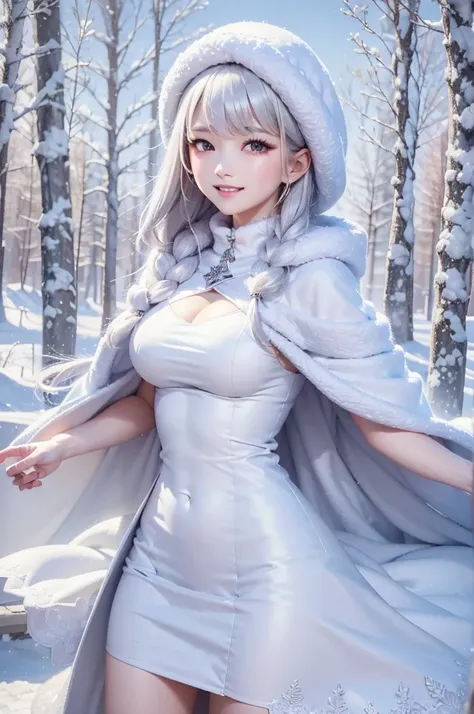 masterpiece、highest quality、1 girl, winter, white hair, cute girl, smile, close mouse, medium breasts, off shoulder, cleavage,  ...