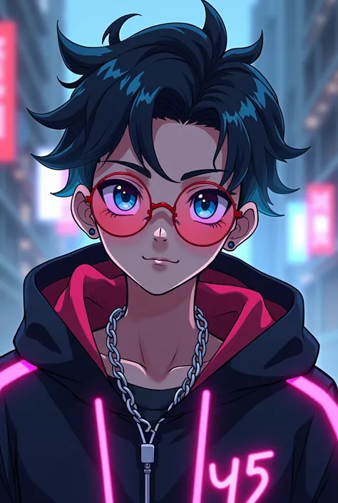 Generate an image of a stylish teenage anime boy looking directly at the viewer, reminiscent of a passport photo. He wears a hoodie with eye-catching neon accents, a chain necklace around his neck, trendy glasses, and impeccably styled hair, exuding urban ...