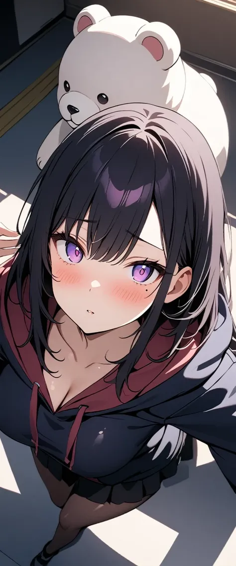 (Highest quality),(masterpiece), 8k,Very detailed, Detailed light, Best Shadow,Detailed reflective eyes, Very detailedな顔,Shiny Hair,(1 girl:1.2),woman,Gloss,Black Hair,Embarrassing,blush,Beautiful fingers,Beautiful Hands,whole body,Purple eyes,Glossの無い目,(p...