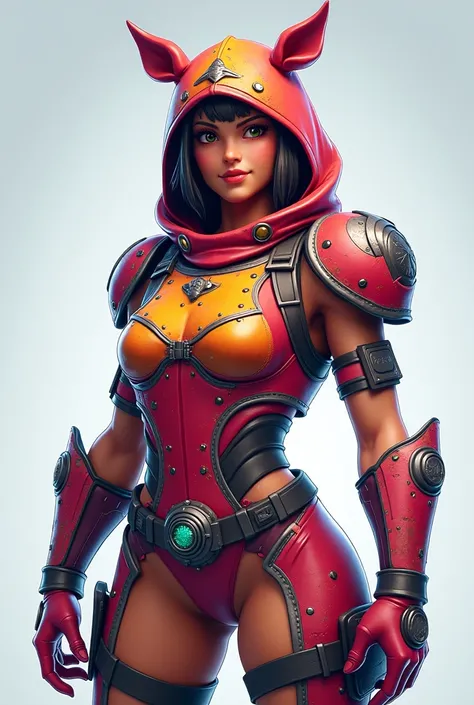 A detailed critique of a unique outfit in a popular battle royale video game. The outfit known as a skin features bright and vibrant colors, with an unknown character dressed in durable protective gear, studded with gleaming metal accents and adorned with ...