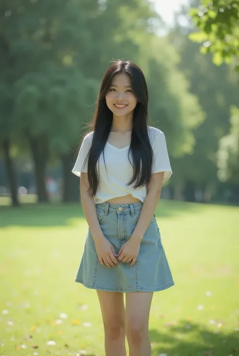 Standing in an empty park、Long black hair、mini skirt、Cute Face、Smiling、Full body portrait