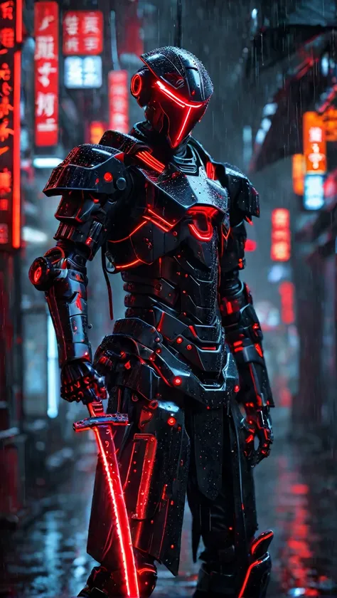 a mecha warrior,dressed in a mecha,mainly black and red,holding a long knife in his hand,with red neon lights,close-up of the wh...