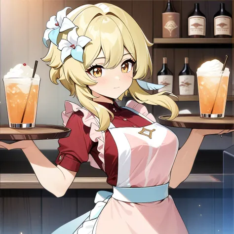 lumine,  lumine from genshin impact, stylish pose, serving drinks, holding  tray of drinks, anatomically correct, 1girl, blonde,...