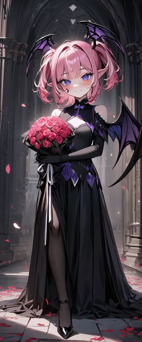 UHD, masterpiece, best quality, extremely detailed, anatomically correct, sharp focus, Midnight, gloomy atmosphere, Church, altar isle, 1girl, solo, camilavtuber, pink hair, short hair, shoulder length hair, (black head wings), (twin ponytail), PURPLE EYES...