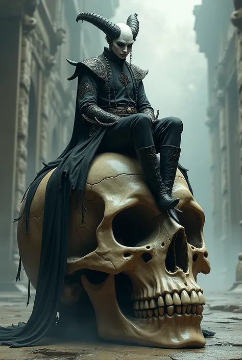 Aesthetic sukuna sitting on skull 
