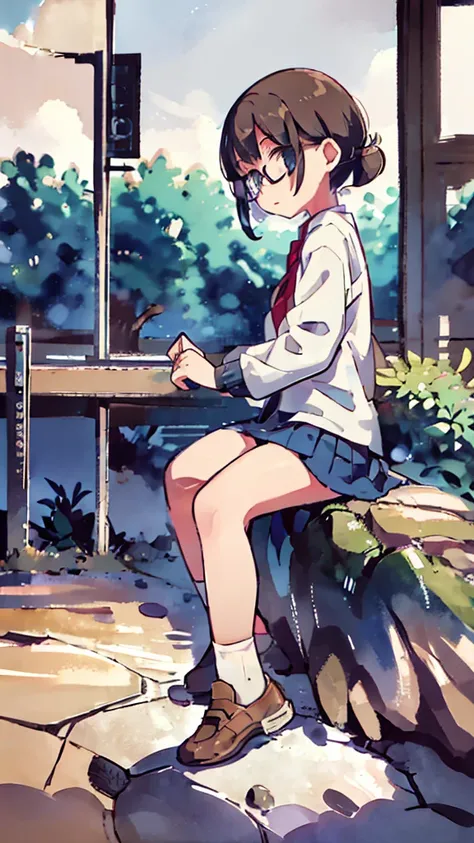 metropolis、water、Midnight、Moon、Blue light、sky、sea、Nsfw、masterpiece, high quality, 4K, HDR,, Stable Diffusion prompt:  schoolgirl with short、brown hair and red-framed glasses, wearing a white blouse and navy skirt, white panties visible, navy socks and brow...