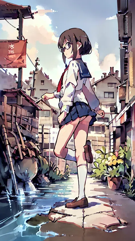 metropolis、water、Midnight、Moon、Blue light、sky、sea、Nsfw、masterpiece, high quality, 4K, HDR,, Stable Diffusion prompt:  schoolgirl with short、brown hair and red-framed glasses, wearing a white blouse and navy skirt, white panties visible, navy socks and brow...