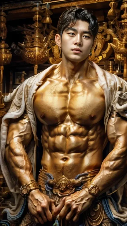 disconsolate，Ambient，artistic conception，large scene，The wind blew up the white curtains，Dattain lamps，Diffuse light，chest muscle，detailed face, Shirtless, stubbles, Sideburns, musculature, Strong handsome korean  guy， a golden statue of handsome men god ,...