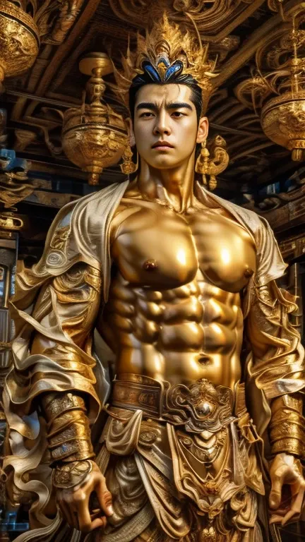 disconsolate，Ambient，artistic conception，large scene，The wind blew up the white curtains，Dattain lamps，Diffuse light，chest muscle，detailed face, Shirtless, stubbles, Sideburns, musculature, Strong handsome korean  guy， a golden statue of handsome men god ,...