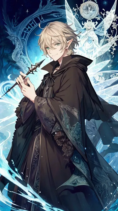 (Masterpiece), ((Highest Quality)),(Official Art),Surreal magical:1.2),(1 Male: 1.3), A fairytale male wizard with messy short blonde hair, green eyes, pointy ear, and clad in black wizard cloak. He carries a magic wand and is smirking. Night background re...