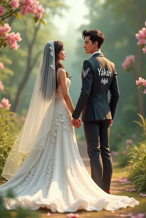 Generate a realistic image of a wedding couple and the name hetankshi on the girl wedding dress must be written and the wedding suit of boy the name yaksh must be written.