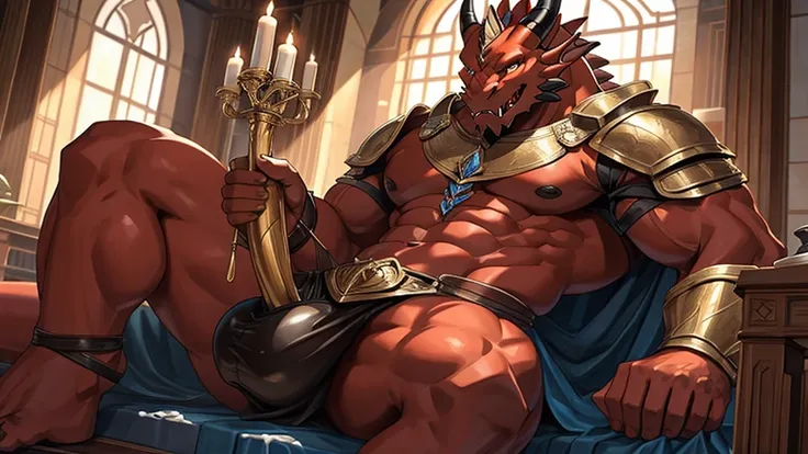 delicate and detailed CG masterpiece featuring a red-skinned demon with human features and a dragon-like appearance with a bestial spindle and a huge bulge adorned with half-furry breastplates and scales. Ele tem chifres para mostrar seu poderoso e dominan...