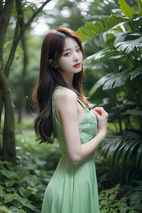 21yo girl, beautiful dress, green background 