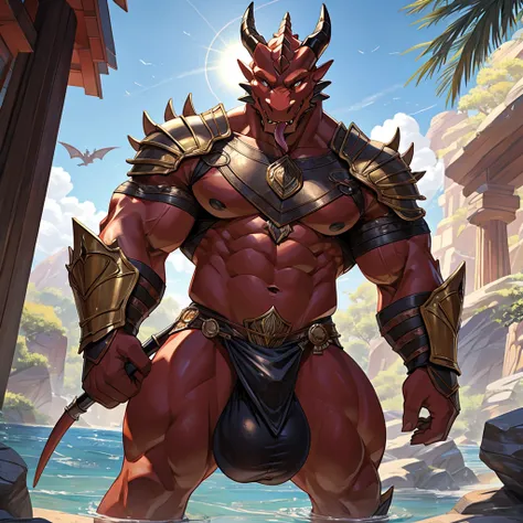 delicate and detailed CG masterpiece featuring a red-skinned demon with human features and a dragon-like appearance with a bestial spindle and a huge bulge adorned with half-furry breastplates and scales. Ele tem chifres para mostrar seu poderoso e dominan...