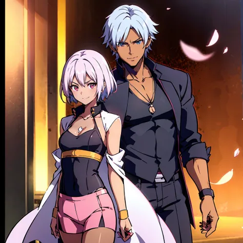 (1boy and 1girl, masterpiece, 16k ultra-fine quality) A Dark skinned young anime man, side swept silver hair, fiery light blue eyes, producing blue fire out of his fist, wearing a blue combat trench coat over a black tank top with black slacks and a chain ...