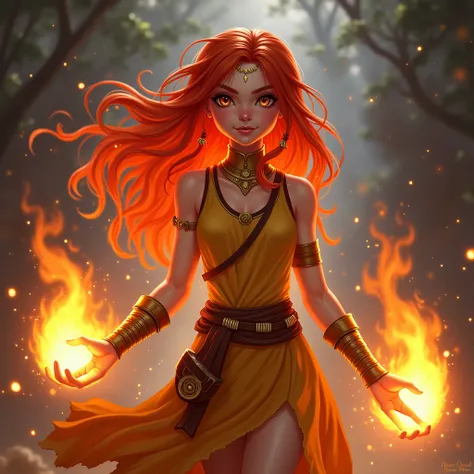 A spirited young girl from the Sunstone Tribe, known for their connection to fire magic. She has a vibrant personality and fiery red hair that glows when she uses her abilities.