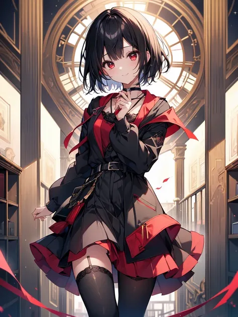 (masterpiece, highest quality, highest quality, (No text), Beautiful and aesthetic:1.2),No text,アニメ、BREAK,One Girl，Black Hair Girl　short hair　older sister　choker　Beautiful eyes　Red eyes　cool　smile　Black and Red　Black jacket　stockings　whole body　In town