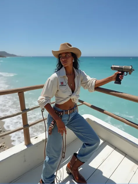 Cowgirl with soft dark skin and white shirt and blue jeans and brown boots hold a small power wash gun 