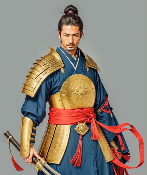 Need to create art for MMORPG, centered on a Japanese setting. digital painting, adult man, Samurai. Asian, armor самурая, золотая armor, japanese samurai clothing, gold, silk, anatomy, armor, Japan, 