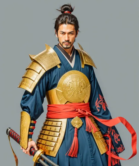 Need to create art for MMORPG, centered on a Japanese setting. digital painting, adult man, Samurai. Asian, armor самурая, золотая armor, japanese samurai clothing, gold, silk, anatomy, armor, Japan, 