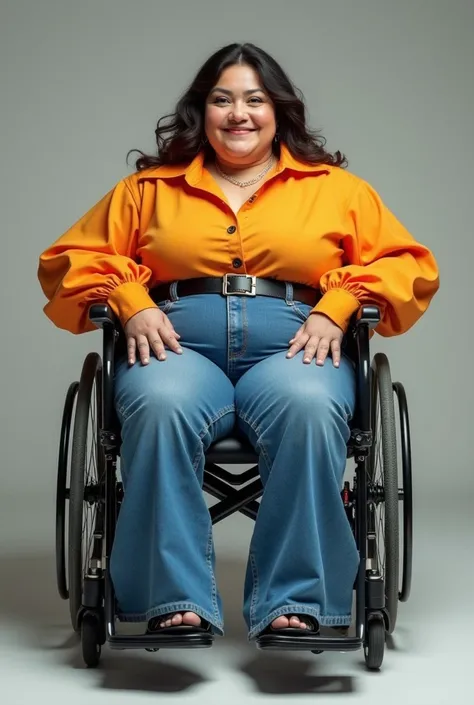 ssbbw with amputee lower body in wheelchair,1970s long oversized dagger collar blouse with inflated sleeves,super wide mega bell bottom flare jeans with two empty trouser legs
