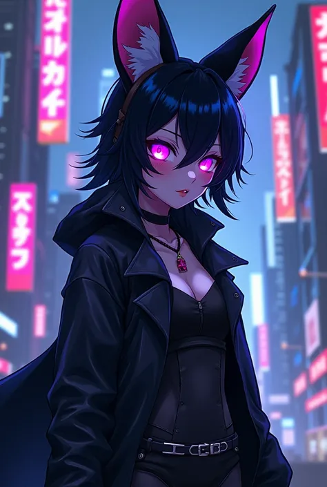 An anime fox girl with black light, purple eyes and with clothing in the style of cyberpunk and the whole in the style of a manga