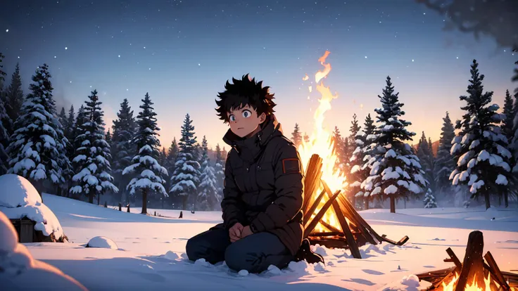 izuku midoriya at bonfire, cold, snow, 1boy, beautiful detailed eyes, beautiful detailed lips, extremely detailed face, long eye...