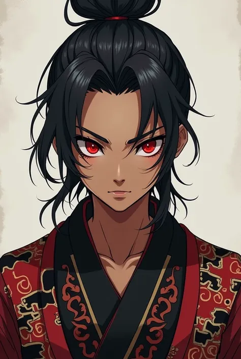 Create a This young male character with lighter brown skin has a striking presence. Her black hair is tied in a high bun, with loose strands falling softly around her face, accentuating his sharp features. Their eyes, penetrating and red in color, convey a...