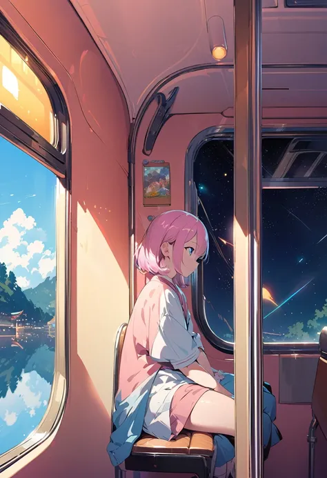 masterpiece, on the train、Inside the train、Girl sitting on bench、Girl reflected in glass、reflection、Pink Hair、Short Hair、Grey Eyes、18-year-old、 Starry Sky、photograph:Xin Haicheng, Pixiv, Concept Art, Lofi Art style,  by makoto shinkai, Lofi Art, Beautiful ...