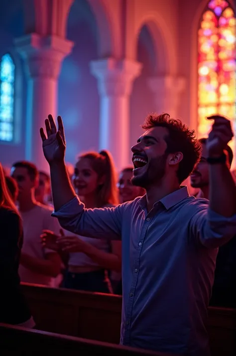 Excited people clapping in a church with low lighting and colorful light pushups 