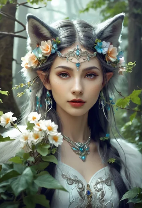 juuichi, Fantastic mysterious creatures,Surrealism,HD,Outstanding beauty,Elf ears,In the magnificent wilderness，She plays with her wolf,Super Furry,Surrealism,A fusion of beauty and mystery,Flowers,Branches and vines decorate the scene 